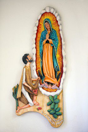 Our Lady of Guadalupe, painted woodcarving, Herman Falke, SCJ, created in honor of the 100th anniversary of Our Lady of Guadalupe Parish and School.