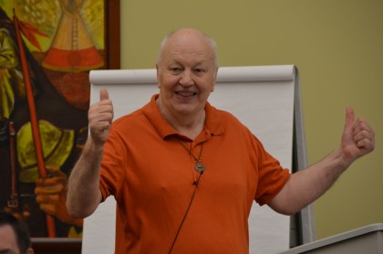 Fr. Peter McKenna gives the thumbs up at the end of the assembly. A member of the of the Canadian Region, Fr. Peter served as the assembly facilitator.