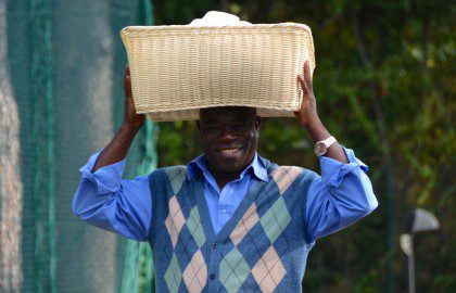 Fr. Zénon Sendeke of Congo shows how to carry supplies African-style!