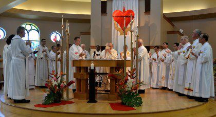 Bishop Robert Morneau was the main presider at the Feast of the Sacred Heart Mass at St. Martin of Tours parish. He was joined  at the altar by over 20 SCJs,  as well as other priests in the summer ESL program.