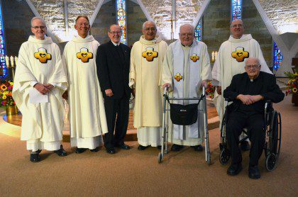 Fr. Larry (with walker) at the province jubilee celebration last year. It was his 60th year of vows.