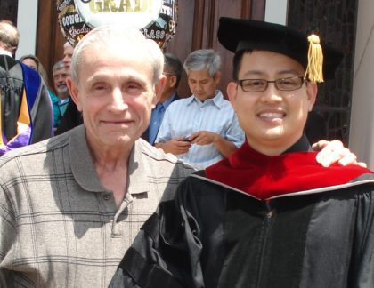 Fr. Peter (left) congratulating fellow SCJ Fr. Joseph Dinh, on his D.Min